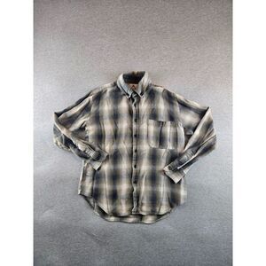 VTG UNIF Men's‎ Small Plaid Flannel Chambray Blue & Beige Button Up Grunge Woods